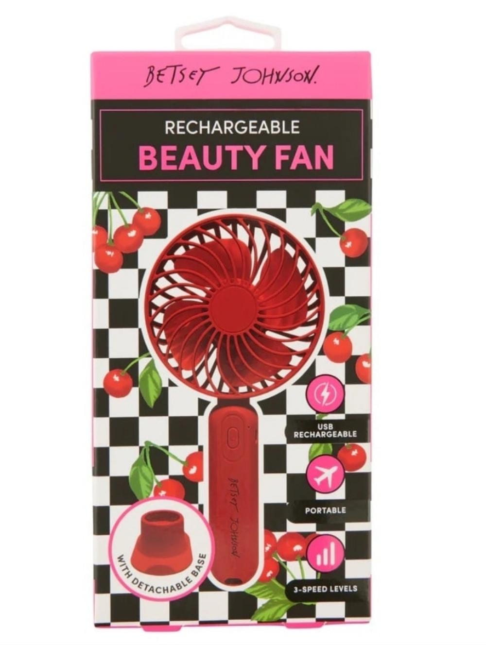Betsey Johnson Pink and Red Cherry-Accent Rechargeable Beauty Fan